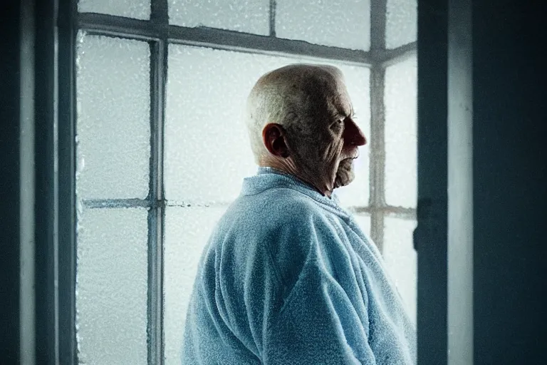 Prompt: a cinematic painting of an old male prisoner inside of jail cell looking out of a small frosted window, beautiful lighting, high depth, ultra realistic, artistic, by annie leibovitz, by gregory crewdson, blue color theme