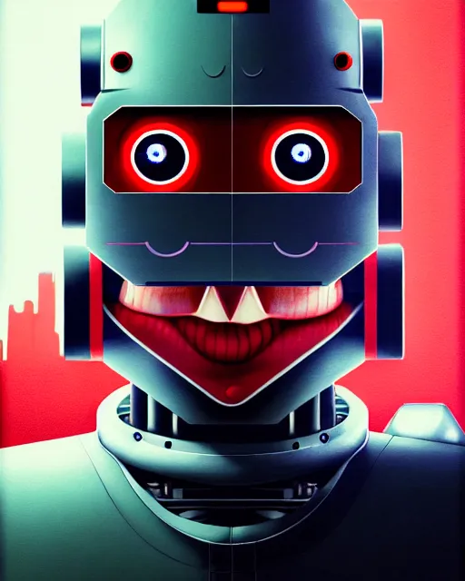 Image similar to hyper - realistic portrait of a vintage robot, red evil eyes, angry mouth, gta v cover art, celshading, sharp focus, intricate, detailed, rhads, andreas rocha, makoto shinkai, lois van baarle, ilya kuvshinov, greg rutkowski, dynamic lighting, grunge aesthetic, 4 k