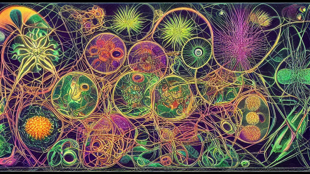 Image similar to quantum connections represented as symbiotic organisms like cells playing around with colorful lights by ernst haeckel, smooth, sharp, dark