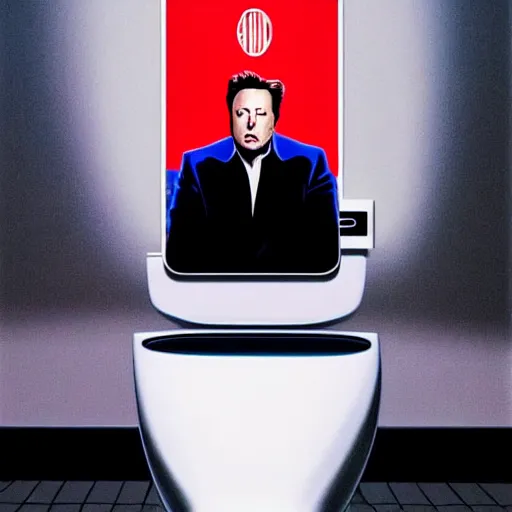 Image similar to hyperrealism aesthetic ridley scott and denis villeneuve style photography of a detailed hyperrealism elon musk, siting on a detailed hyperrealism toilet and scrolling his detailed smartphone in hyperrealism scene from detailed art house movie in style of alejandro jodorowsky and wes anderson volumetric ambient light