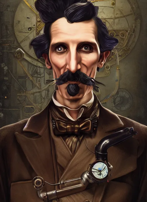 Image similar to steampunk portrait of nikola tesla as a mad scientist working on a giant robot from bioshock, au naturel, hyper detailed, digital art, trending in artstation, cinematic lighting, studio quality, smooth render, unreal engine 5 rendered, octane rendered, art style by klimt and nixeu and ian sprigger and wlop and krenz cushart