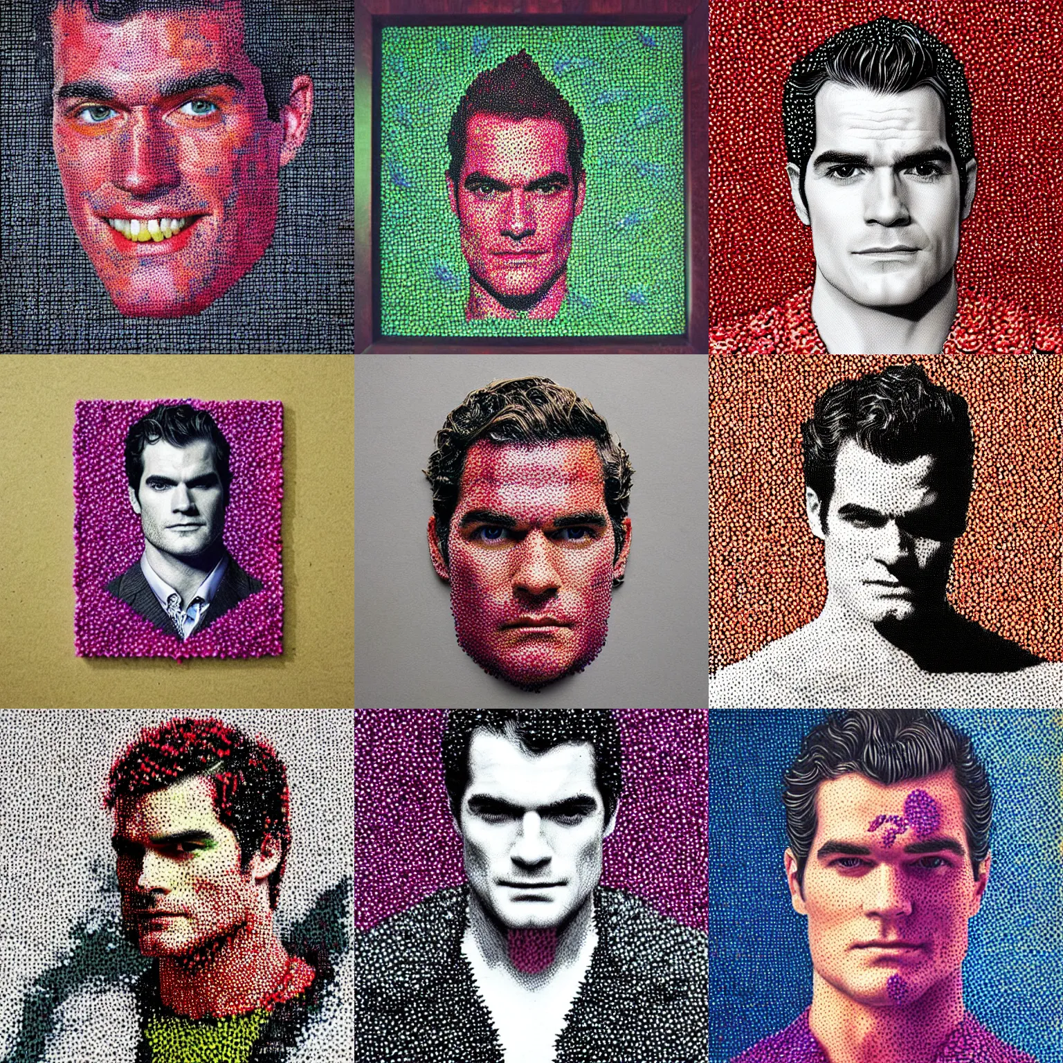 Prompt: dragonfruit portrait of henry cavill, made of pointillism dragonfruit seeds, inside a dragonfruit