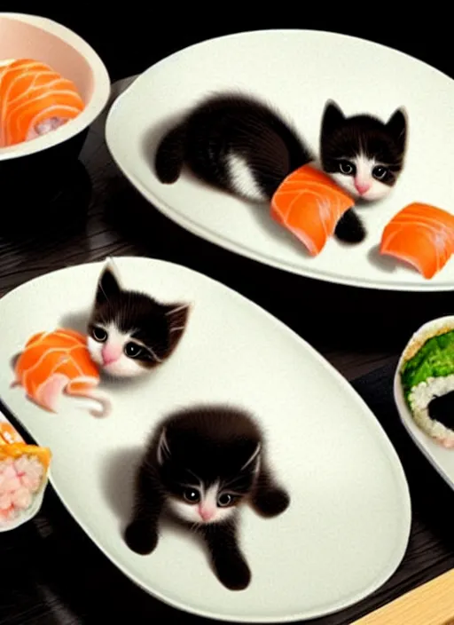 Image similar to clear photorealistic picture of adorable kittens made out of sushi