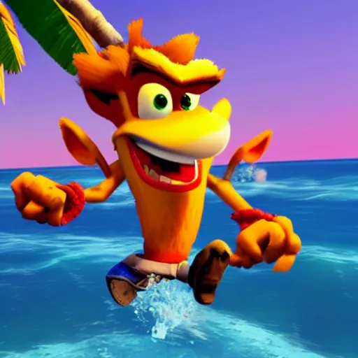 Prompt: crash bandicoot riding a monkey in an ocean