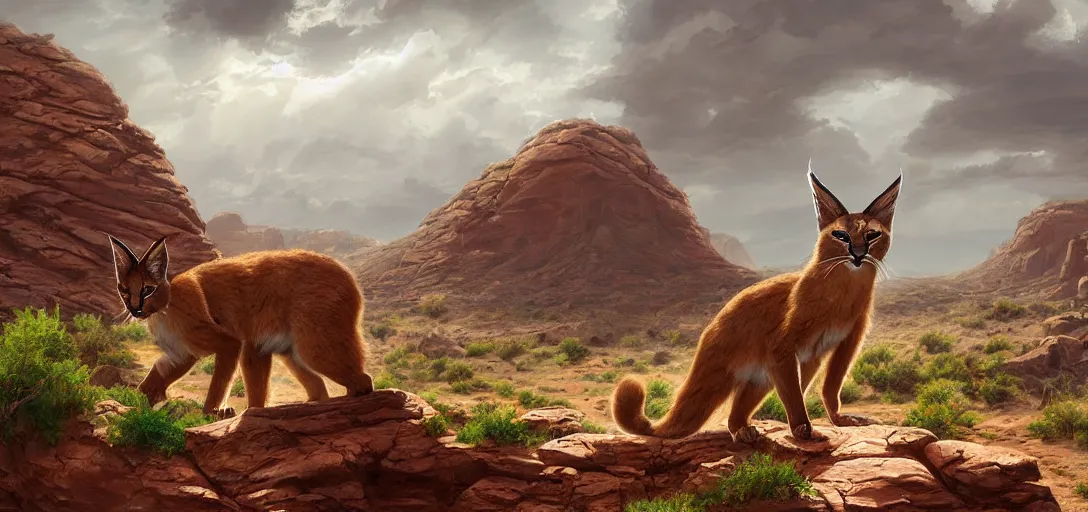 Prompt: cute caracal in beautiful utah desert, rock arcs, lush vegetation, landscape, alex ross, eddie mendoza, raphael lacoste, sebastian ludke, concept art, matte painting, highly detailed, rule of thirds, dynamic lighting, cinematic, detailed, magnificiant landscape, denoised