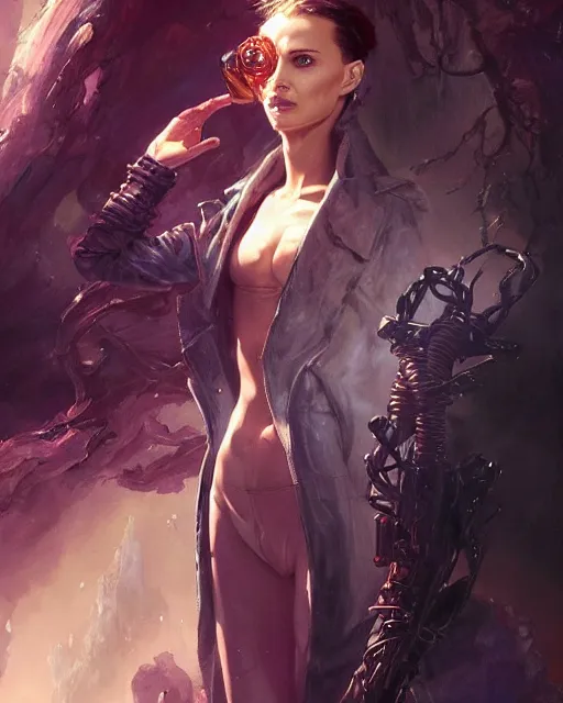 Prompt: beautiful fantasy character portrait, natalie portman, wearing oversized black trench coat, ultra realistic, wide angle, dramatic lighting, vultures, cyberpunk artifacts, highly detailed by peter mohrbacher, hajime sorayama, wayne barlowe, boris vallejo, aaron horkey, gaston bussiere, craig mullins