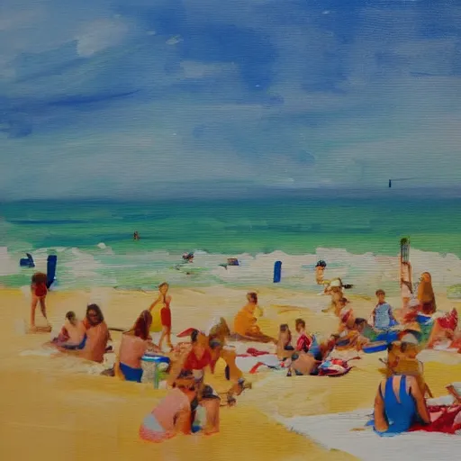 Prompt: Hot sunny beach seeing lots of people swimming and paddling in the sea, painted in a loose painterly style