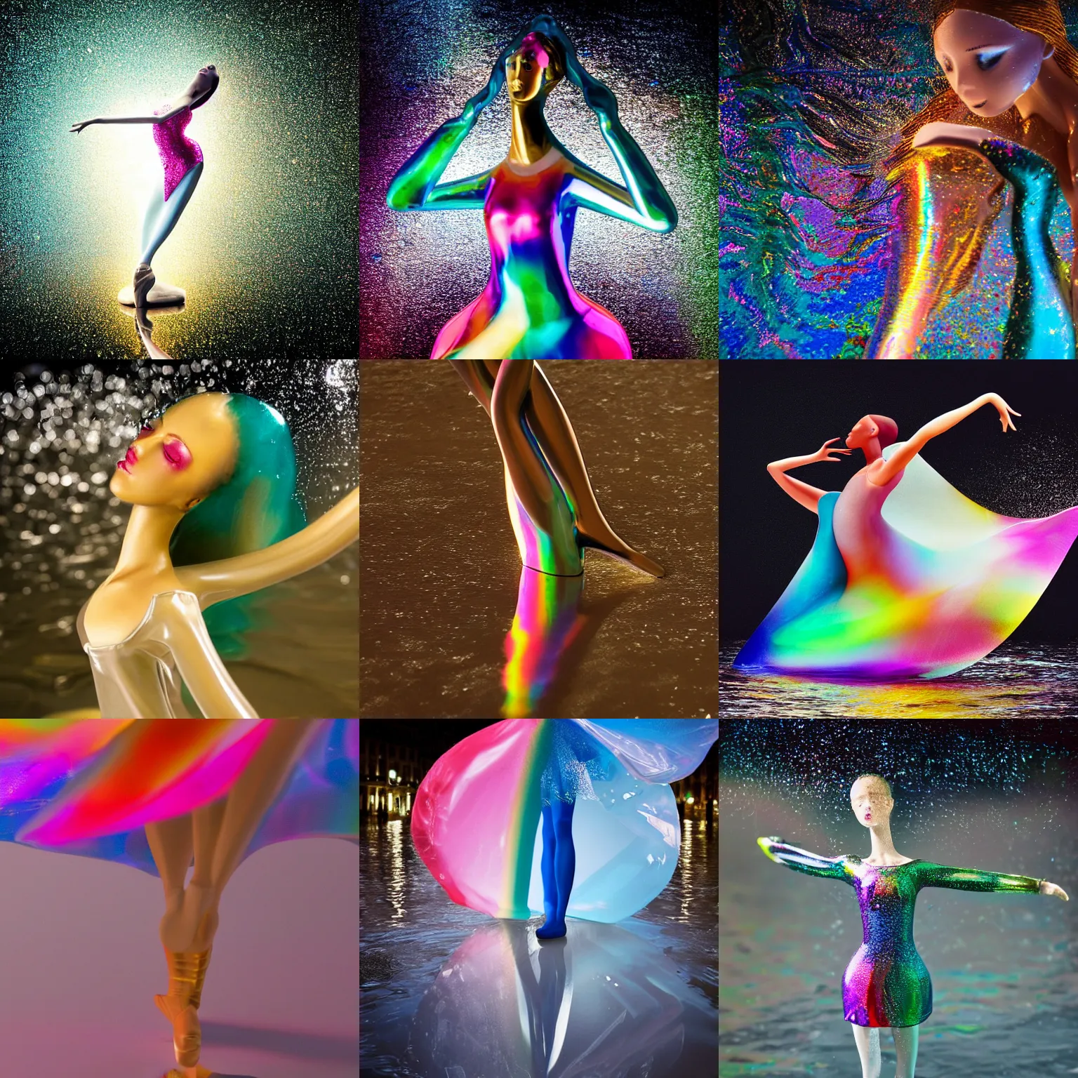 Prompt: Fashion photography, extreme closeup portrait of feminine ballet figurine dancing half submerged in heavy nighttime paris floods, water to waste, wearing a translucent refracting rainbow diffusion wet plastic zaha hadid designed specular highlights raincoat by Nabbteeri, épaule devant pose, ultra realistic, Kodak , 4K, 75mm lens, three point perspective, , chiaroscuro, highly detailed, by moma