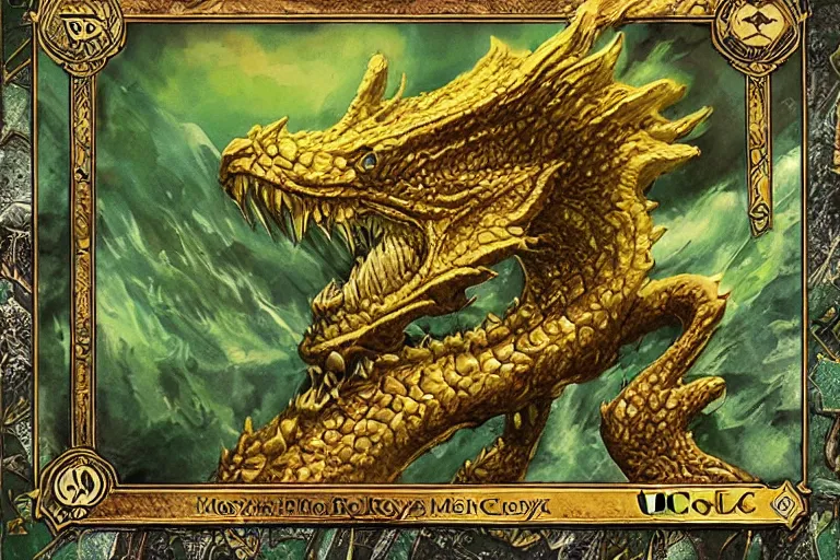 Image similar to a giant monster epic royal stone basilisk, gold green creature, magic : the gathering