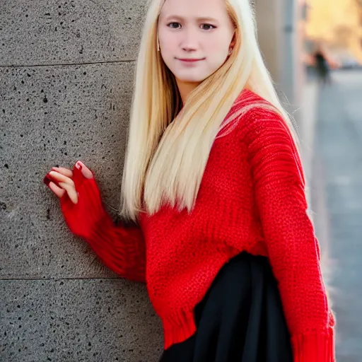 Image similar to of long blond hair teenage girl wearing red sweater with short black skirt and high heal shoes