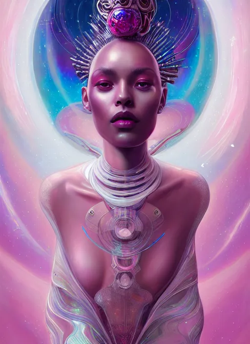 Prompt: porttait of a beautiful celestial Aztec pearlescent interstellar Goddess wearing a futuristic slim dress exposed in cryo chambers by James Jean, pink and white theme, captivating, intricate, elegant, highly detailed, centered, digital painting, artstation, concept art, smooth, sharp focus, illustration, by Peter Mohrbacher, WLOP