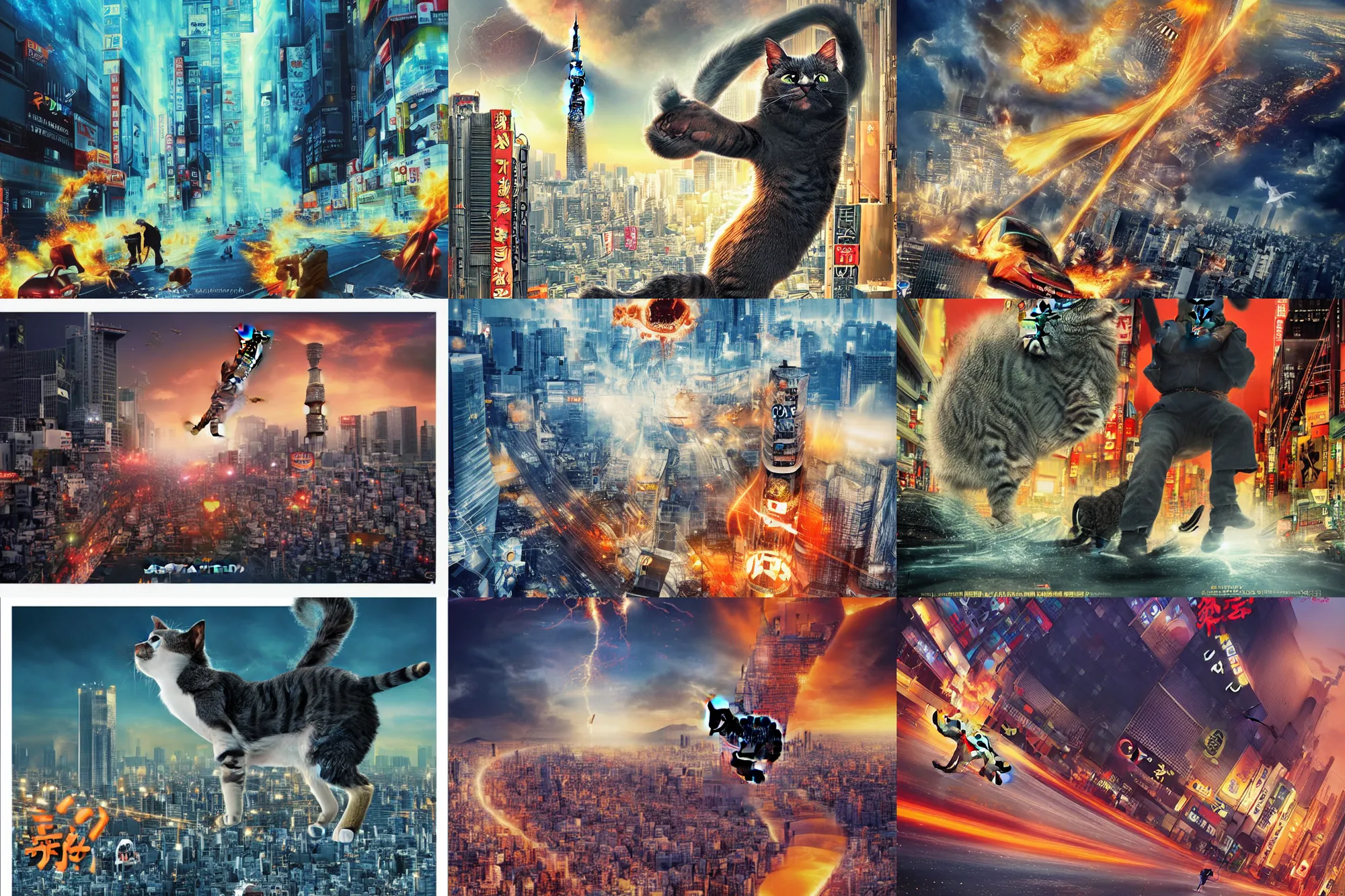 Image similar to cat attacking Tokyo, disaster movie poster, masterpiece, masterwork, cgstudio