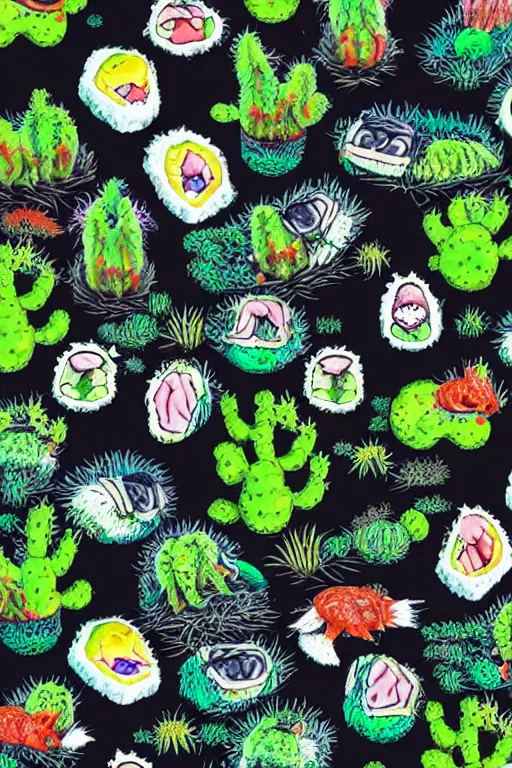 Image similar to creature sushi roots cactus elemental flush of force nature micro world fluo light deepdream