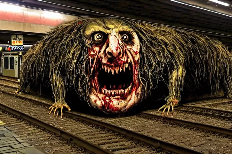 Image similar to very large giant mutant zombie irradiated ( angry rat ) staying on railways in tonnel of moscow subway. tonnel, railways, giant angry rat, furr, fangs, very realistic. extreme long shot, rusty colors, anish kapoor, ( herman nitsch, giger ).