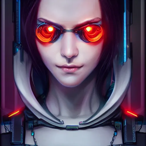 Prompt: portrait of pale smiling cyberpunk girl, cover by Artgerm