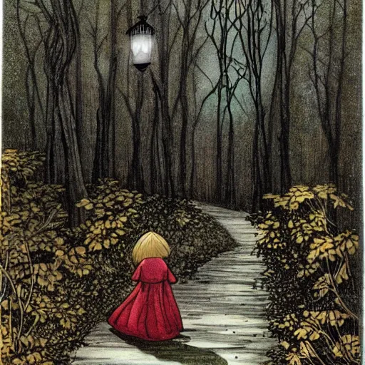 Image similar to in a dark forest, a small girl with a lantern finds a path leading to a strange castle.