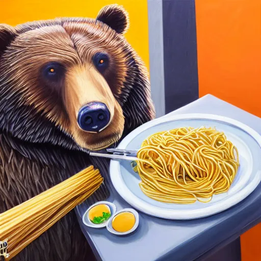 Image similar to of a bear cooking spaghetti while staring directly at the camera, wearing a cooking vest, realistic, painting, art museum, very detailed, hd, 4k, 8k, golden hour,