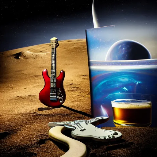 Prompt: a photo of a detailed, realistic, regular sized, sitting idle fender electric guitar next to a sitting idle beer can with an astronaut sitting on the moon surface. detailed photo. realistic photo. cinematic