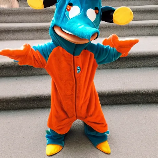 Prompt: perry the platypus wearing a perry the platypus onesie