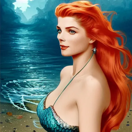 Image similar to A combination of Grace Kelly's and Katheryn Winnick's and Ashley Greene's faces with red hair as a mermaid half submerged on the beach, western, fantasy, intricate, elegant, highly detailed, digital painting, artstation, concept art, matte, sharp focus, illustration, art by Artgerm and Greg Rutkowski and Alphonse Mucha