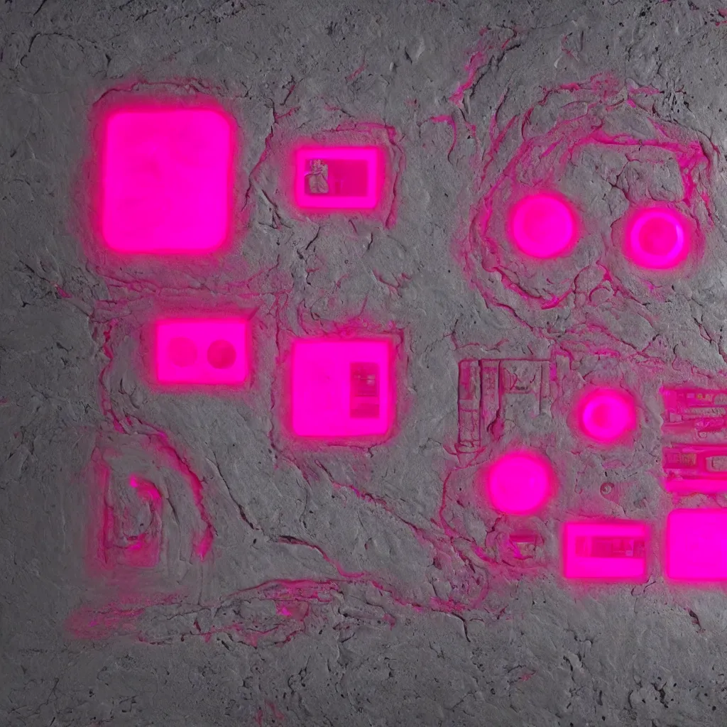 Prompt: Sci-fi alien computer interface from thousands of years in the future, made of fluorescent pink clay and limestone, 4K, high definition