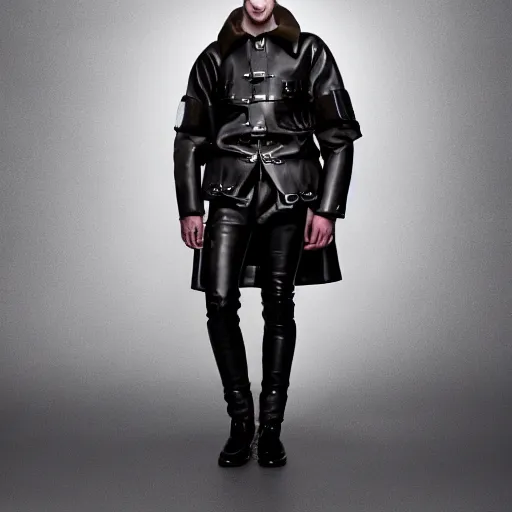 Image similar to an award - winning editorial photo of a male model wearing a baggy designer medieval cropped leather menswear jacket by alexander mcqueen, 4 k, studio lighting