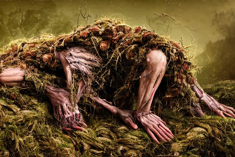 Image similar to photography of a tyrolean farmer, crawling on forest floor, wearing hay coat, with horns, roots coming out of mouth visible muscles and veins and arteries and bones and spines and nerves, eerie, flowers growing out of his body, detailed intricate insanely detailed octane render, 8k artistic 1920s photography, photorealistic, chiaroscuro, by David Cronenberg, Raphael, Caravaggio