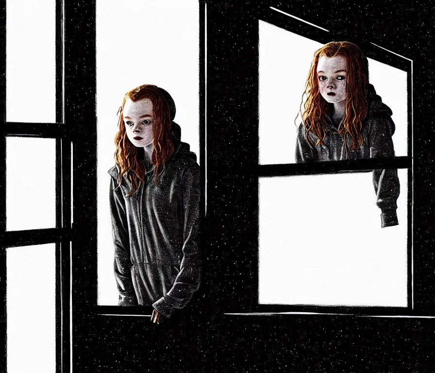 Prompt: sadie sink in hoodie sits on windowsill, knees tucked in | rain falls at night : storyboard, scifi cyberpunk. by saul bass, gabriel hardman, joe alves, j. todd anderson. chris bonura. cinematic atmosphere, detailed and intricate, perfect anatomy