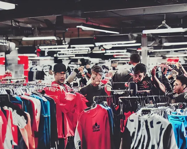 Prompt: incredible absurd surreal closeup of people getting new adidas clothes, people enjoying their new clothes in the style of michael bay action movie, vsco film grain