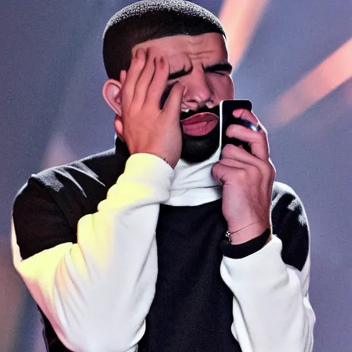 Prompt: drake looking very sad and crying