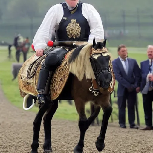 Image similar to Boris Johnson riding a horse with armour and a sword, photo