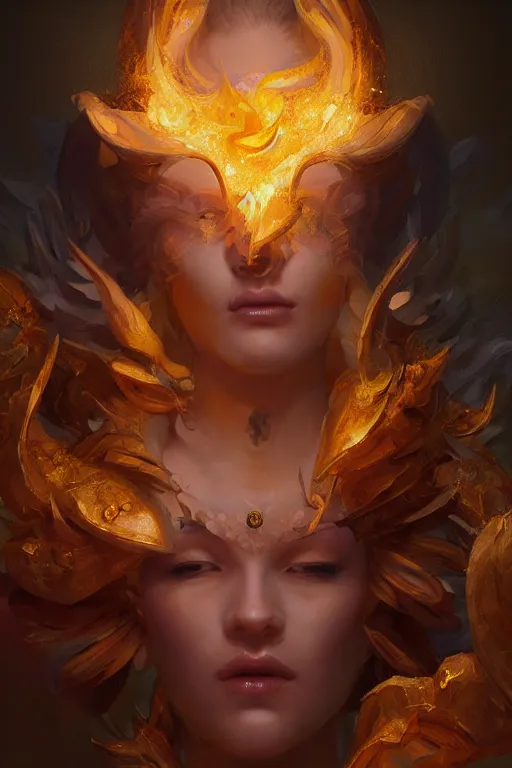 Image similar to beautiful princess with face covered with fire, diamonds, angel, fantasy, yellow background beam, dramatic lighting, highly detailed, digital painting, magic the gathering, 3 d render, hyper realistic detailed portrait, peter mohrbacher, wlop, ruan jia