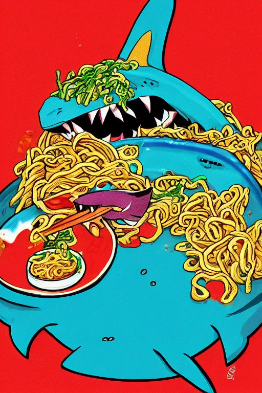 Image similar to a colorful shark eating ramen by leo lionni