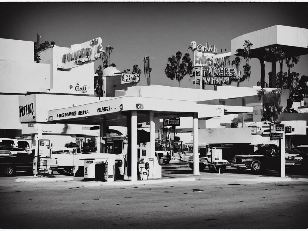 Prompt: “A black and white 28mm photo of a vintage gas station in Los Angeles by estevan oriol”