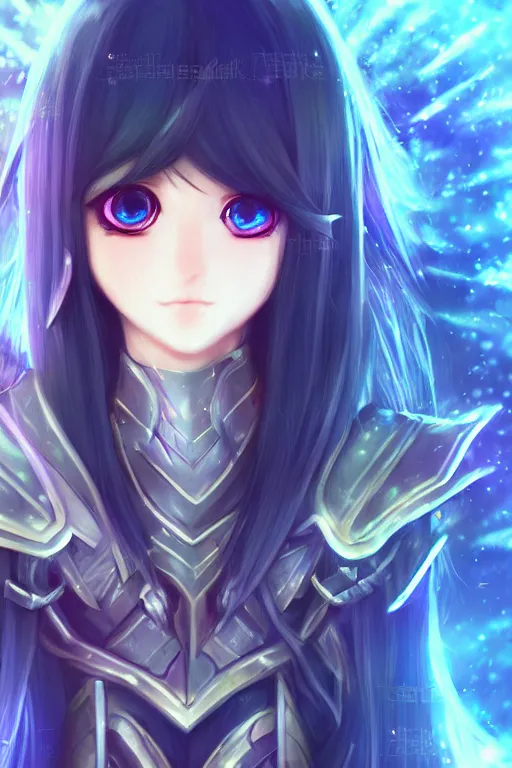 Image similar to adorable young cute anime elf girl, long black hair, detailed fantasy armor, symmetrical face. beautiful spark eyes. beautiful lineart. bokeh pixiv # 1 ranking depth focus, chromatic aberration, noise, soft lighting, srgb, 4 k, cinematic