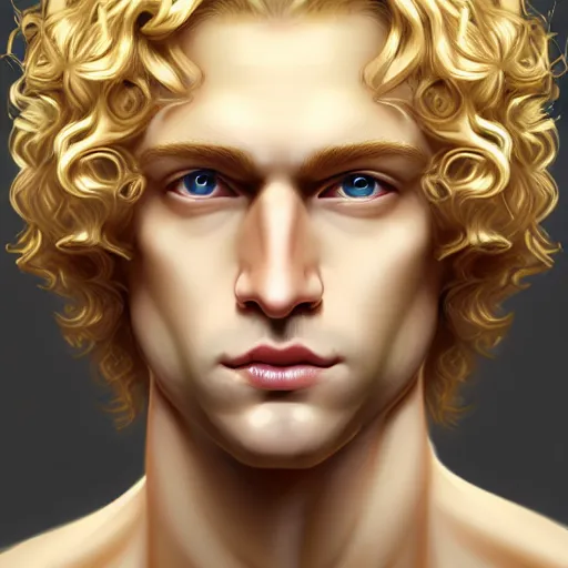 Image similar to the pale blond androgynous male god of the sun, highly detailed, very very very curly golden blond hair, baroque curls, curtain bangs, central parted fringe, extremely luscious curly blond hair, very very very pale white skin, digital painting, artstation, concept art, soft light, sharp focus, illustration