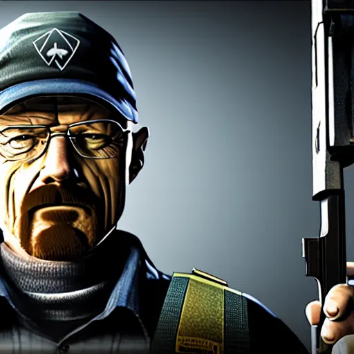 Image similar to walter white holding a macchine gun as a rainbow six siege operator, 4 k, highly detailed