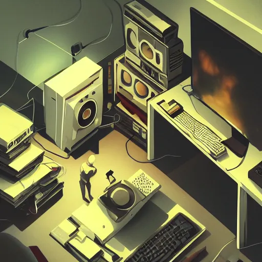 Prompt: aerial view of a guy in his bedroom surrounded by electronics computers food video games, faded effect, highly detailed, digital painting, artstation, concept art, soft light, sharp focus, illustration