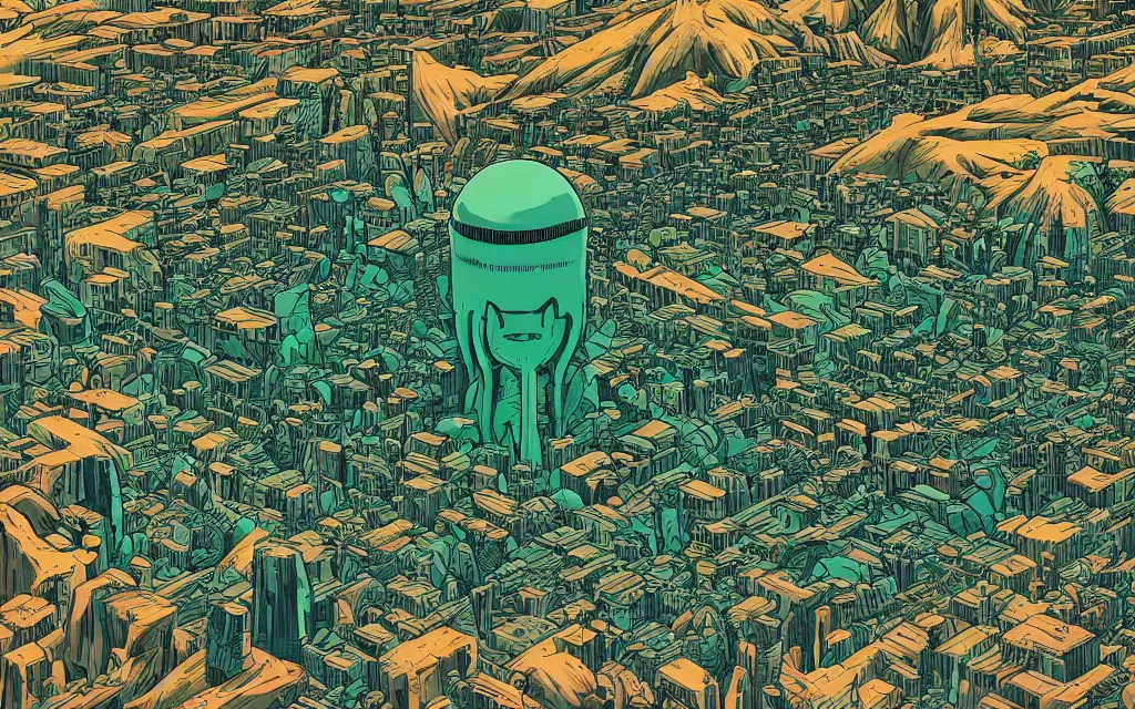Image similar to very detailed, ilya kuvshinov, mcbess, rutkowski, illustration of a dense green alien megacity on a desert planet, alien architecture, seen from above, colorful, deep shadows, astrophotography