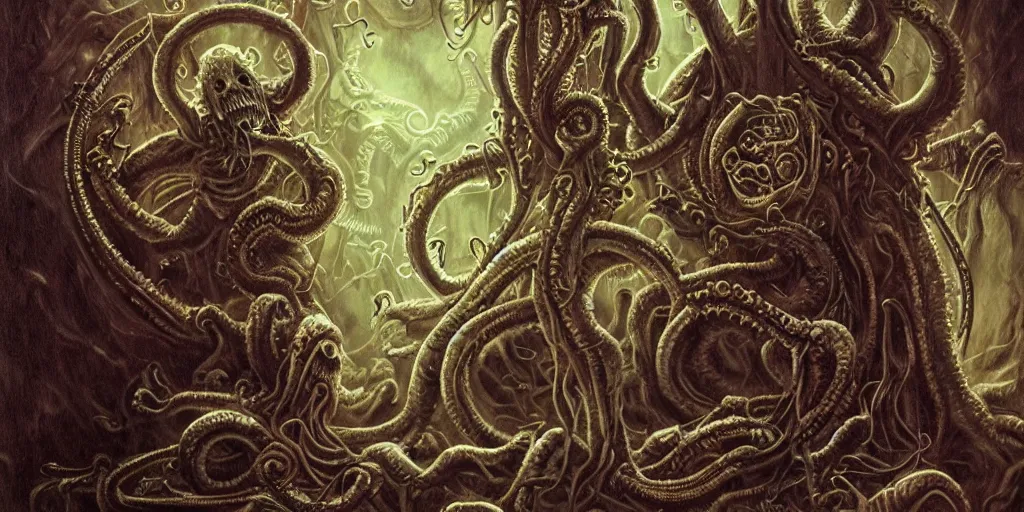 Prompt: lovecraftion god, chaos, terror, art by paulc carrick, dave carson, john coulthart, lee brown coye, h. r giger, stephen hickman, 8 k, hd, illumination, lighting, raytracting, dark, lovecraft, arkham, grotesque