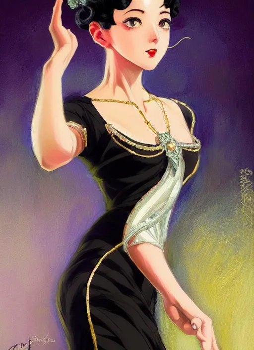 Image similar to a beautiful dancer with black hair in 1920's fashion, ballroom background, intricate, highly detailed, digital painting, artstation, official media, anime key visual, concept art, rich vivid colors, ambient lighting, sharp focus, illustration, art by Artgerm, Makoto Shinkai, Ilya Kuvshinov, Lois Van Baarle, and Rossdraws