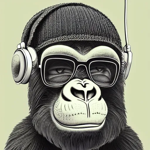 Prompt: stoned ape, headphones and knitted cap, realistic, extremely detailed, sharp focus, wide view, smooth, digital illustration, by james jean, by rossdraws, frank franzzeta, mcbess, sakimichan, brosmin, danton fadeev, steve simpson