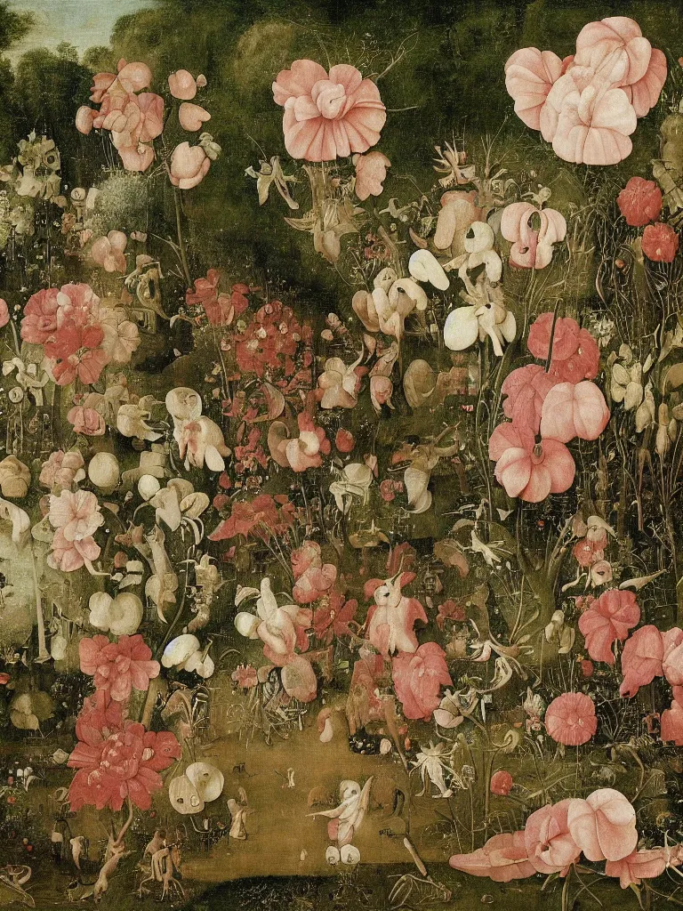 Image similar to beautiful large flowers in a garden, in the style of hieronymus bosch,