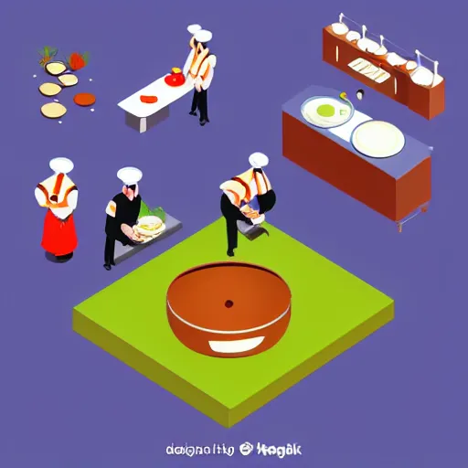 Image similar to isometric flat art of a chef cooking in the kitchen