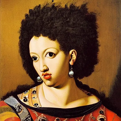 Image similar to portrait afro cleopatra painted by caravaggio