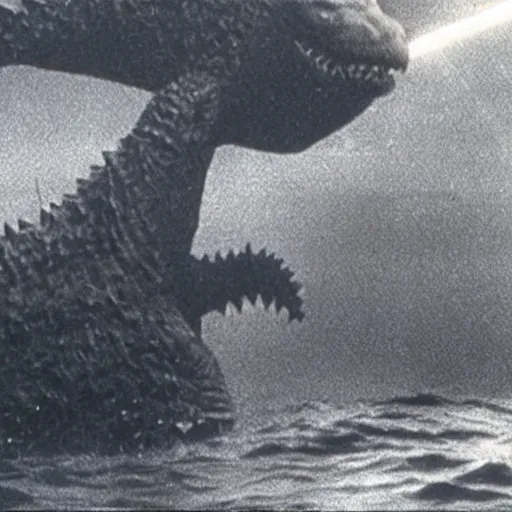 Prompt: Godzilla swimming underwater, submarine camera footage