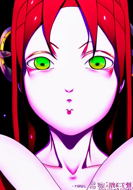 Image similar to eyes, portrait of a beautiful slime woman by aramaki shinji, tsurumaki kazuya, smug, 8 k, hd, saturated, flcl, hyperreality, masterpiece, symmetry