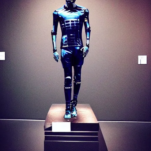 Image similar to “ a realistic detailed photo of a guy who is an attractive humanoid who is half robot and half humanoid, who is a male android, soccer player antoine griezmann, shiny skin, posing like a statue, blank stare, at the museum, on display ”