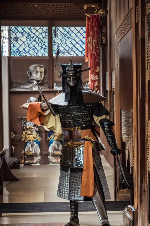 Image similar to samurai warrior in a a monastery dedicated to worshiping artificial intelligence