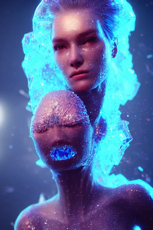 Image similar to a beautiful girl from whose body mineral crystals grow, biopunk, in full growth, magical crystals, smoky crystals, translucent crystals, luminous sparkling crystals, many details, 3 d, cinematic, hyper realism, high detail, octane render